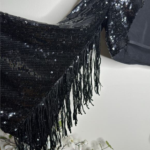 ASOS LUXE Sequin Fringe Bell Sleeve Top Open Back Black {LL1} - Picture 7 of 8